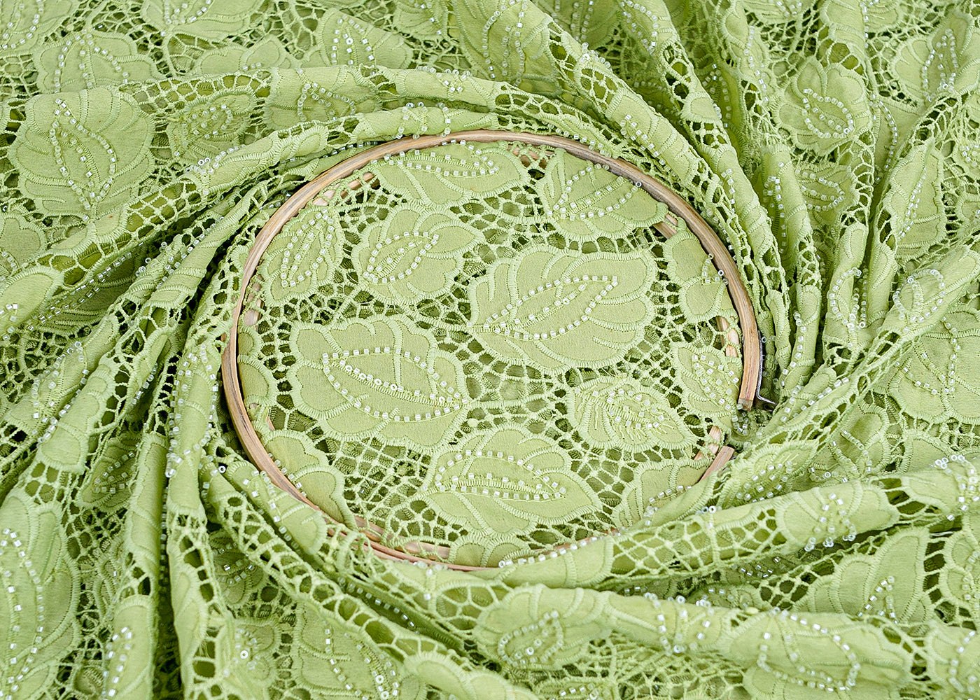Green Crepe Fabric with All-Over Bead & Cutwork and Scalloped Edges 15741