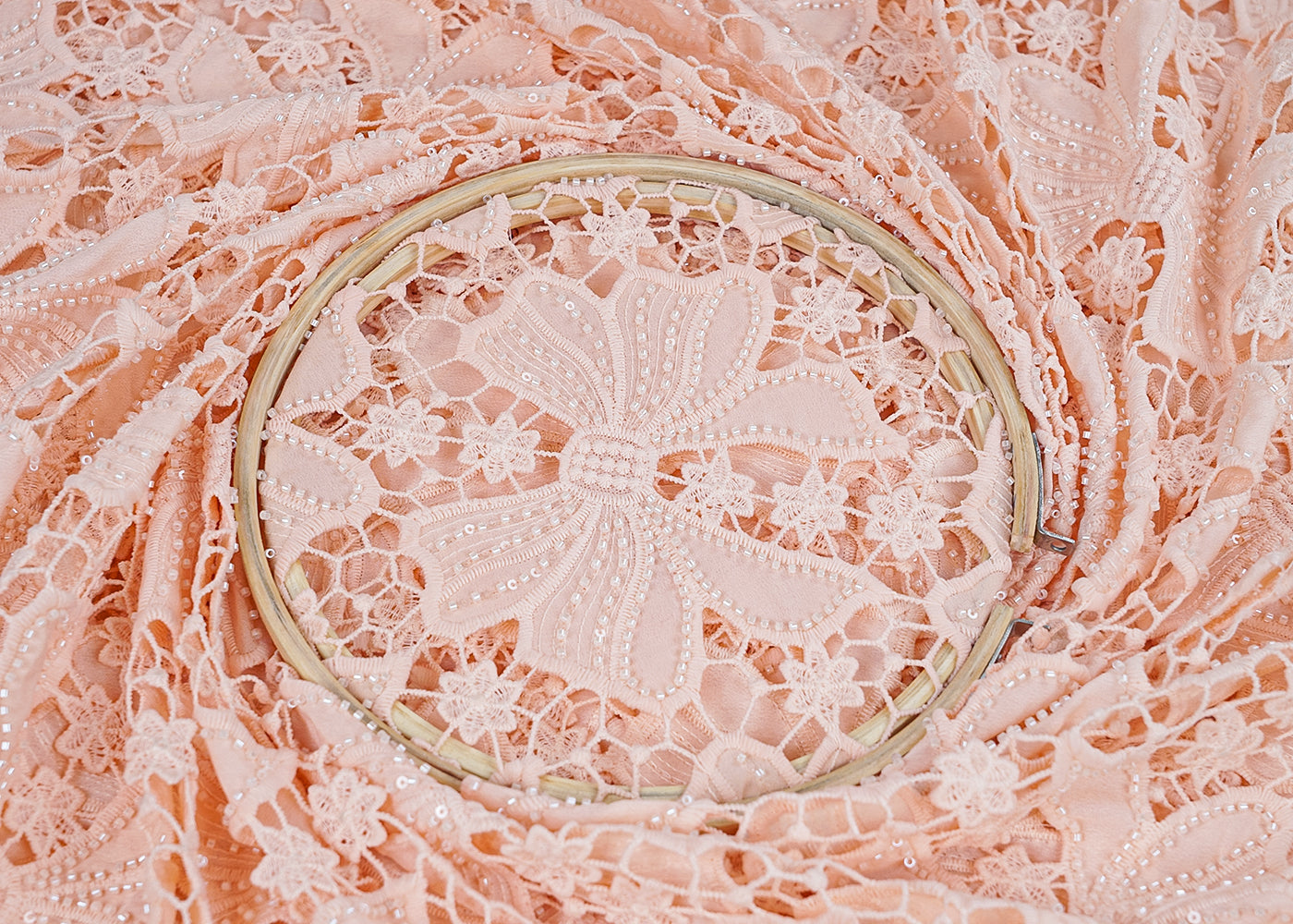 Peach Crepe Fabric with All-Over Bead & Cutwork and Scalloped Edges 15742