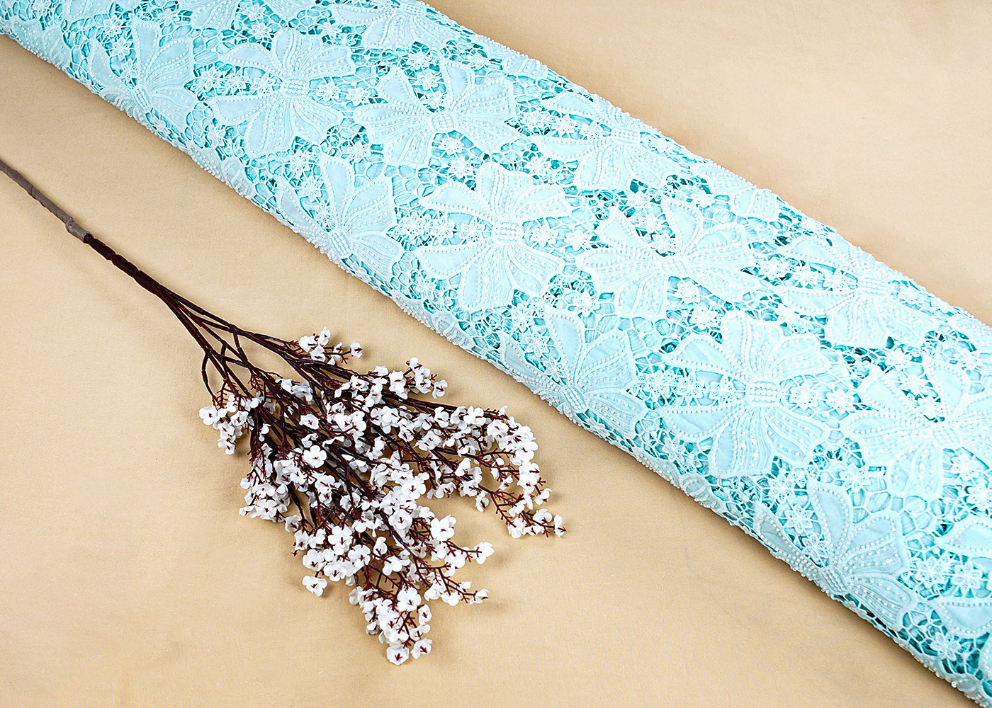 Sky Blue Crepe Fabric with All-Over Bead & Cutwork and Scalloped Edges 15743