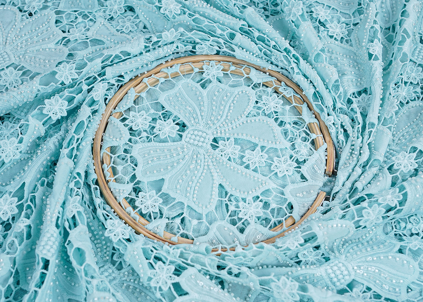 Sky Blue Crepe Fabric with All-Over Bead & Cutwork and Scalloped Edges 15743
