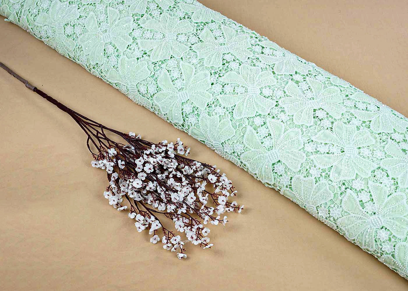 Mint Green Crepe Fabric with All-Over Bead & Cutwork and Scalloped Edges 15744