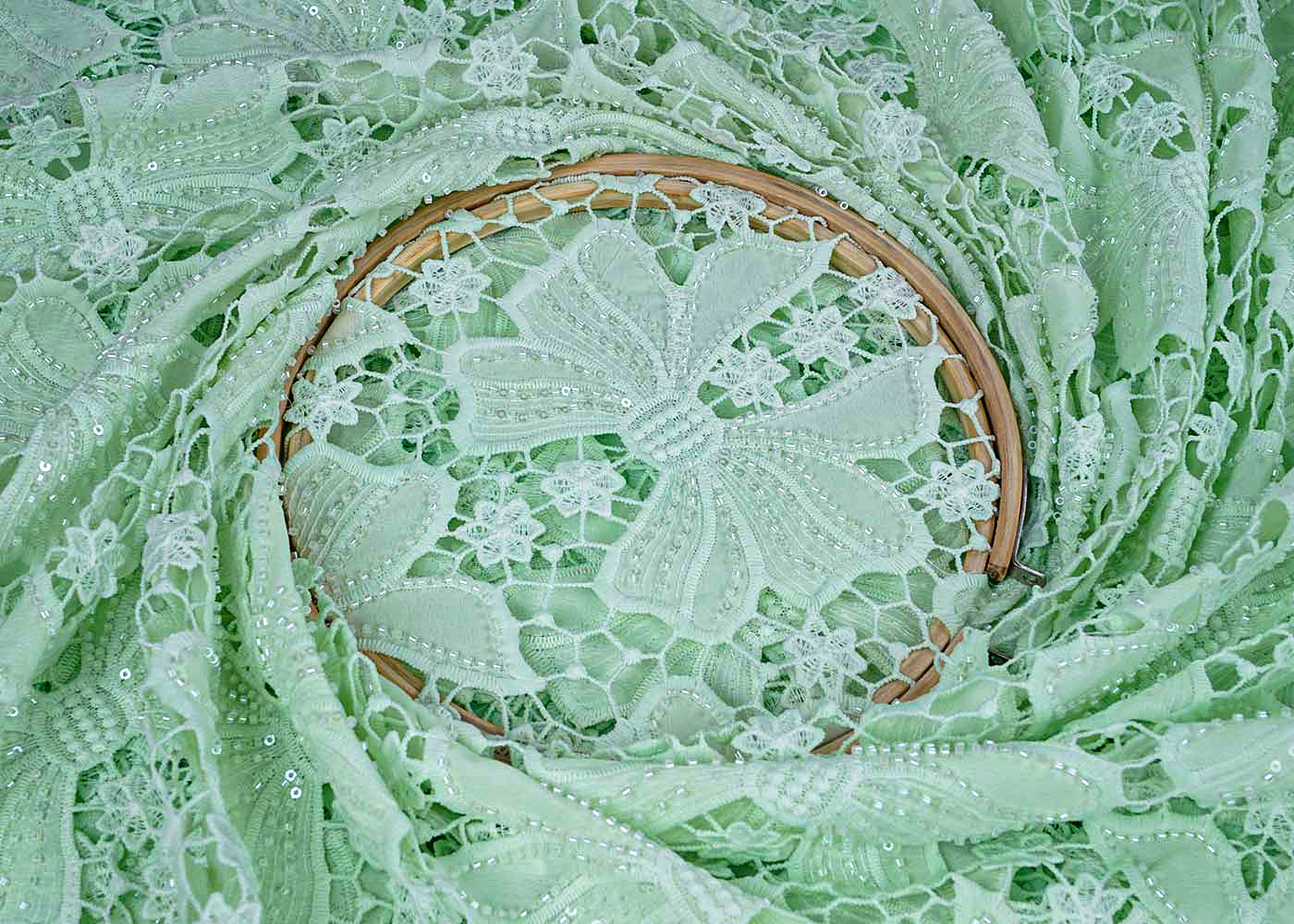 Mint Green Crepe Fabric with All-Over Bead & Cutwork and Scalloped Edges 15744