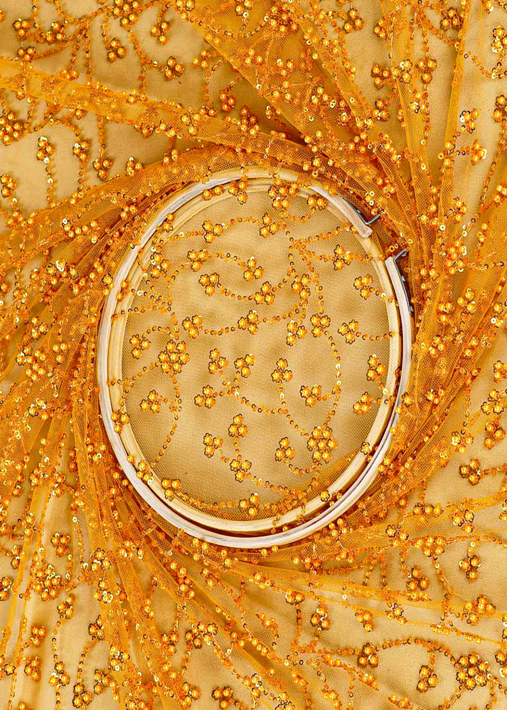 Mustard Imported Net Fabric With All Over Bead And Sequins Work 15756