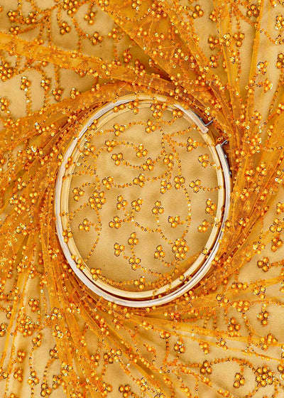 Mustard Imported Net Fabric With All Over Bead And Sequins Work 15756