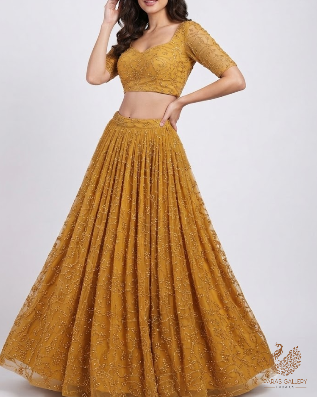Mustard Imported Net Fabric With All Over Bead And Sequins Work 15756