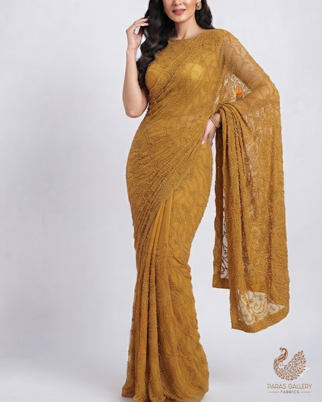 Mustard Imported Net Fabric With All Over Bead And Sequins Work 15756