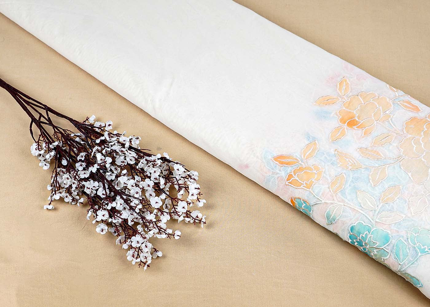 Off White Chanderi Fabric with One-Side Colorful Floral Appliqué & Threadwork Border 15768