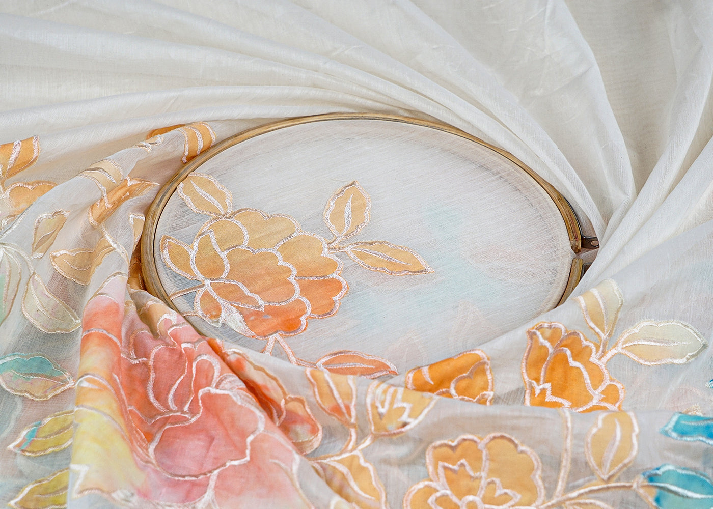 Off White Chanderi Fabric with One-Side Colorful Floral Appliqué & Threadwork Border 15768