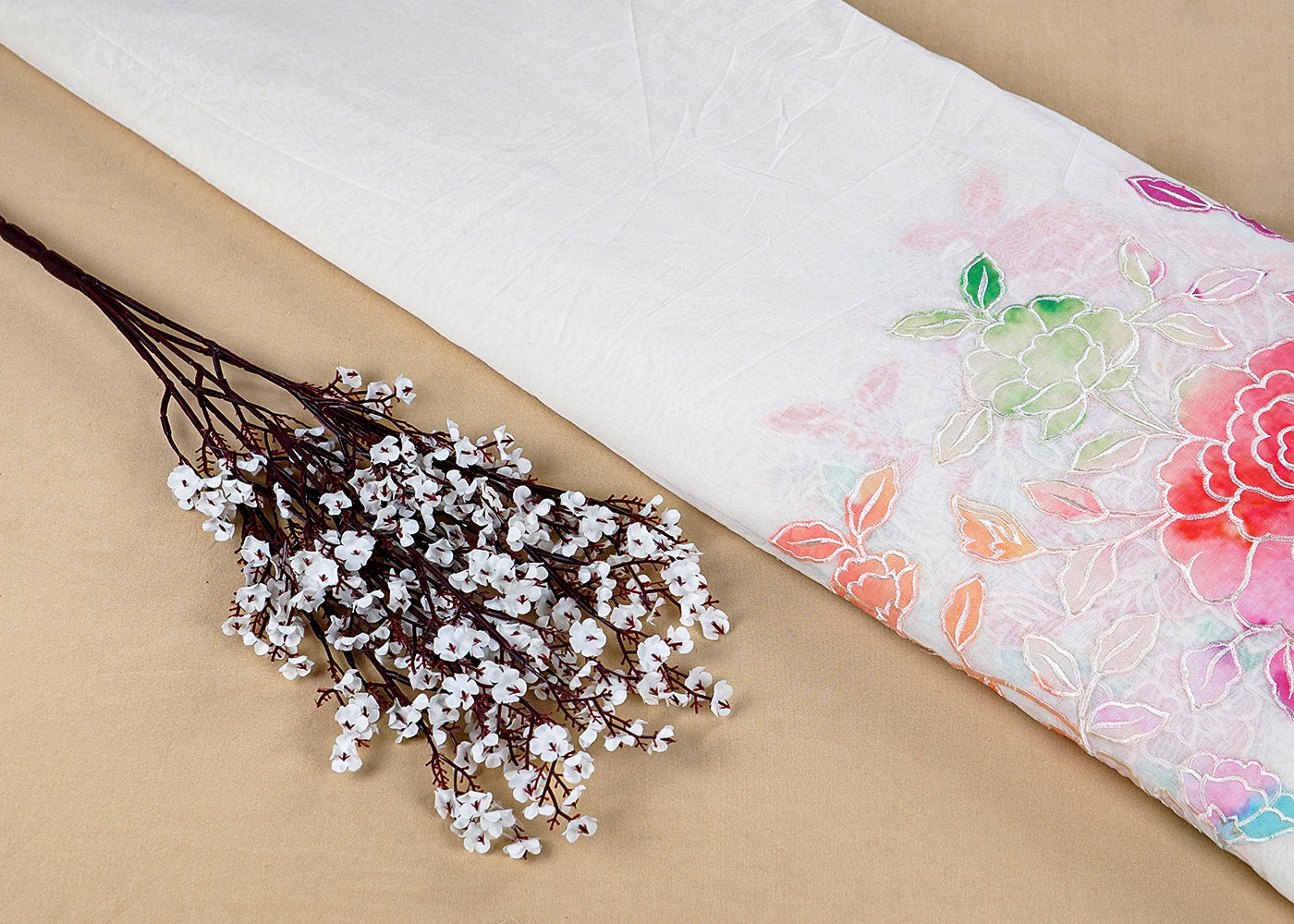 Off White Chanderi Fabric with One-Side Colorful Floral Appliqué & Threadwork Border 15771