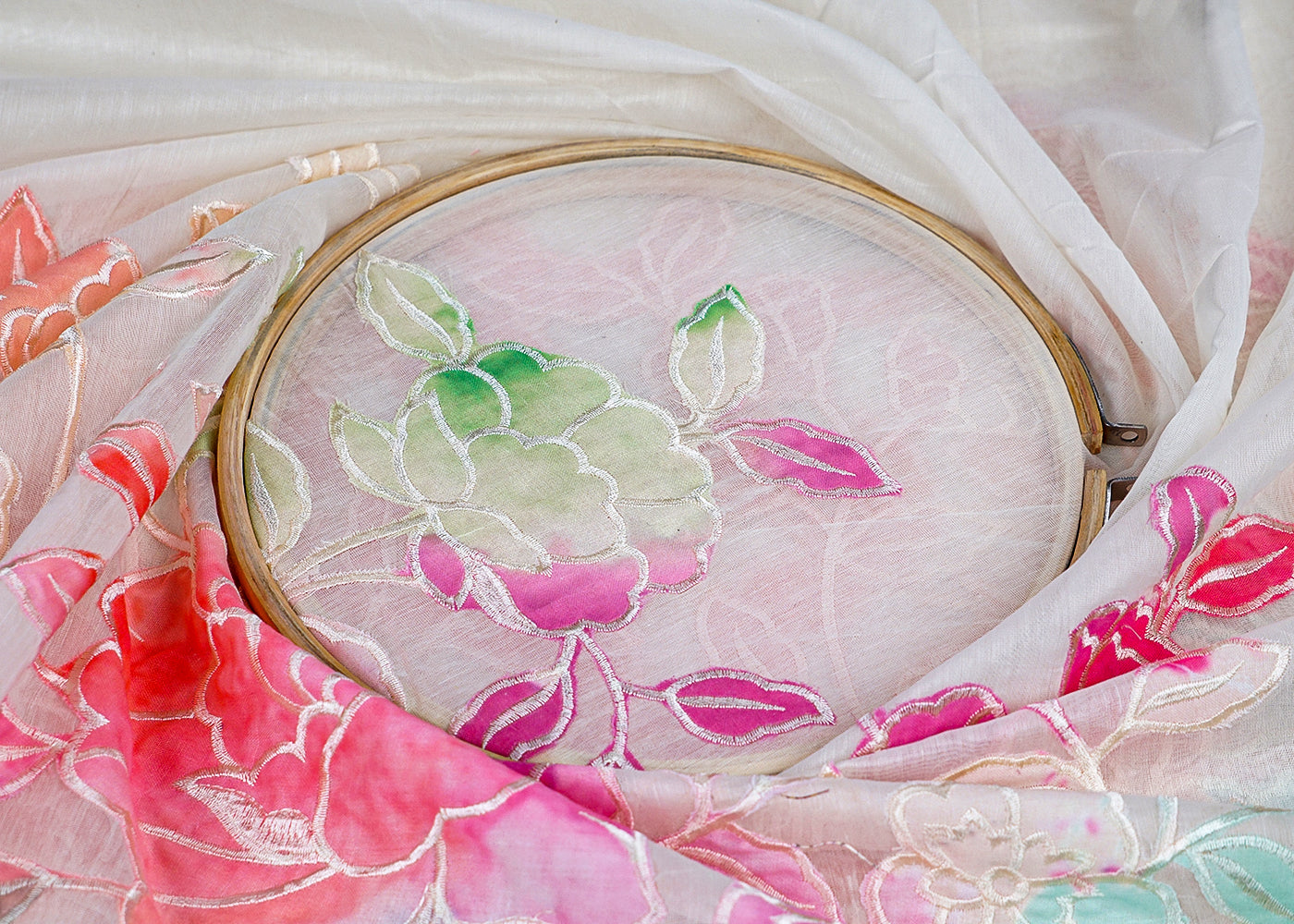 Off White Chanderi Fabric with One-Side Colorful Floral Appliqué & Threadwork Border 15771