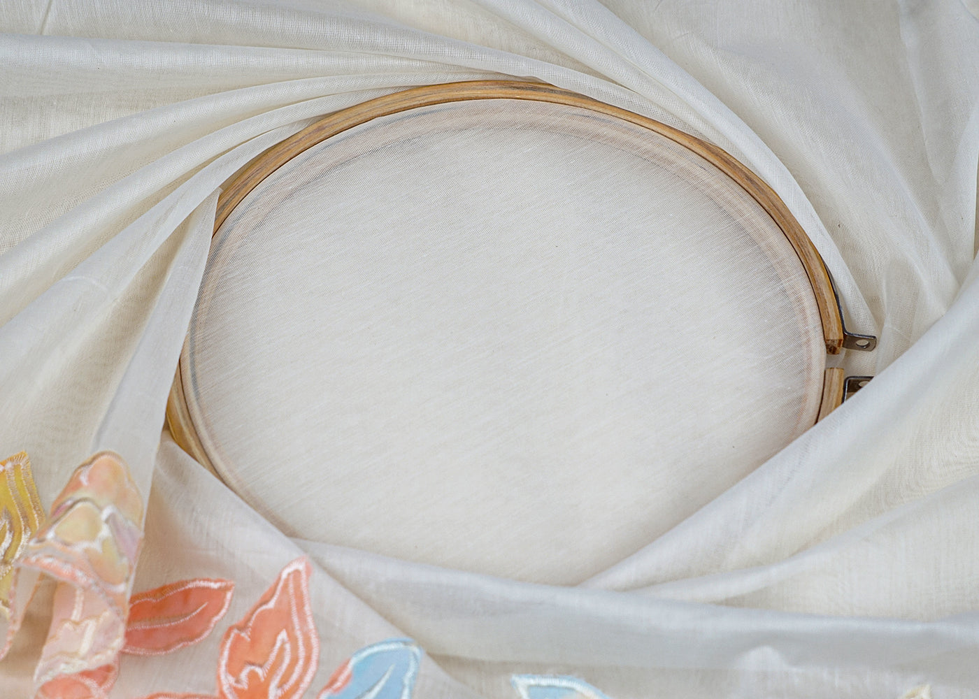 Off White Chanderi Dupatta Fabric with Two-Side Colorful Floral Appliqué & Threadwork Scalloped Border 15772