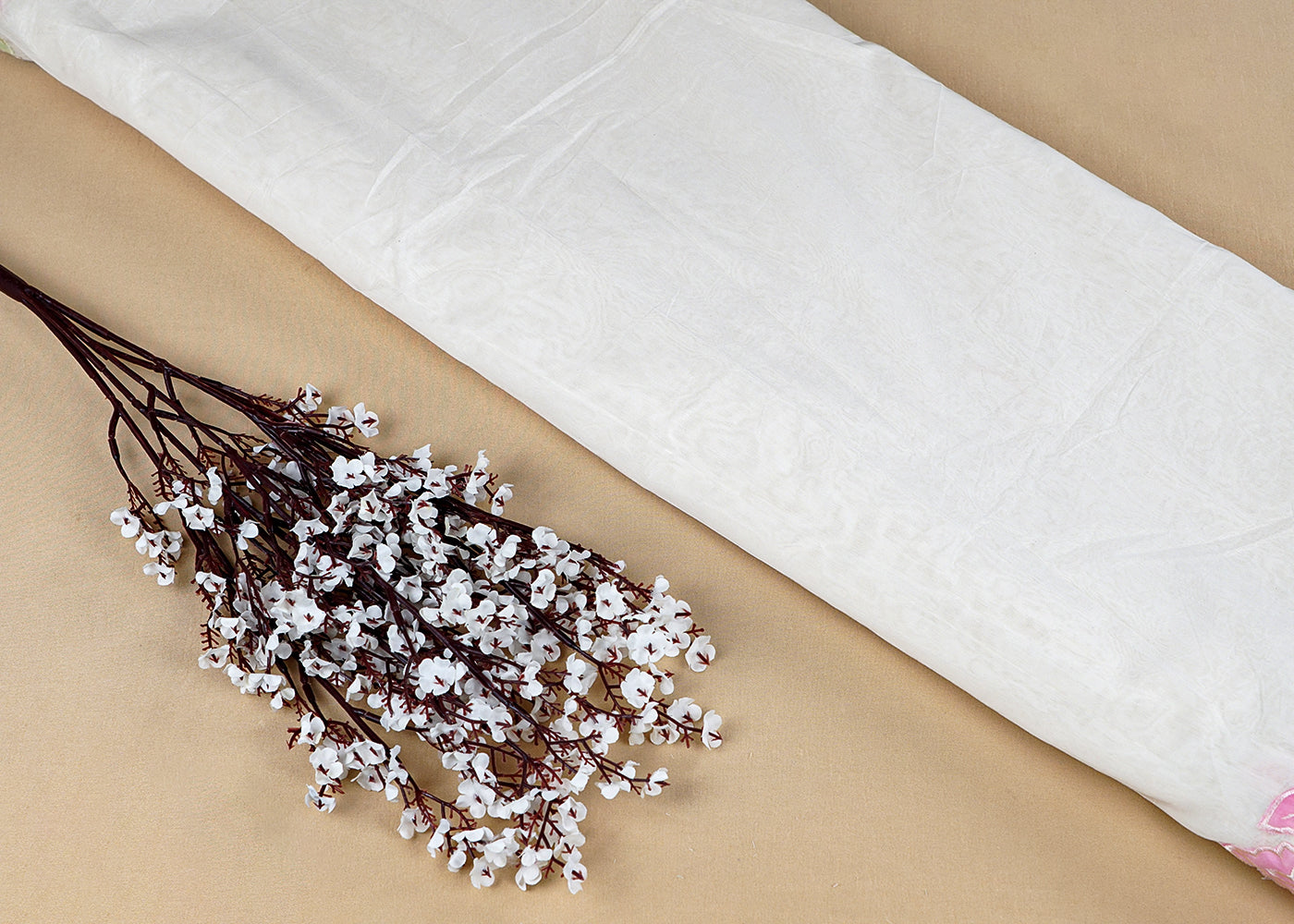 Off White Chanderi Dupatta Fabric with Two-Side Colorful Floral Appliqué & Threadwork Scalloped Border 15773