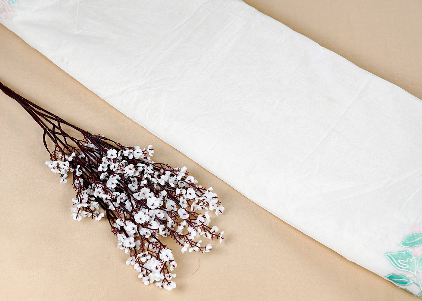 Off White Chanderi Dupatta Fabric with Two-Side Colorful Floral Appliqué & Threadwork Scalloped Border 15774