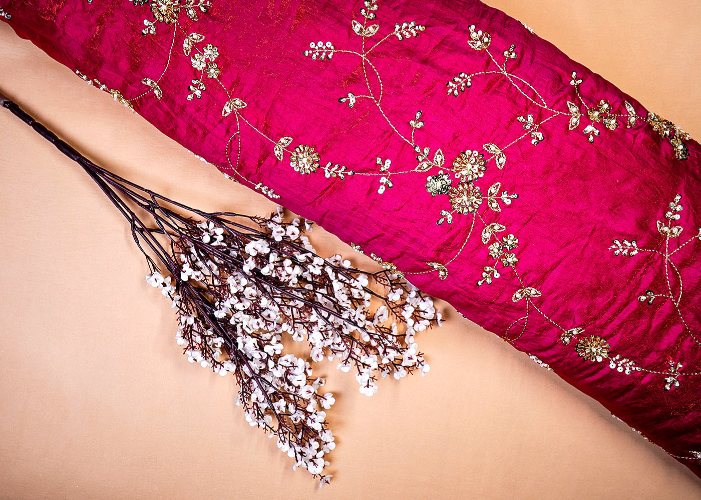Rani Pink Diamond Silk Fabric with All Over Katdana, Bead, Zari & Sequins Work 15788