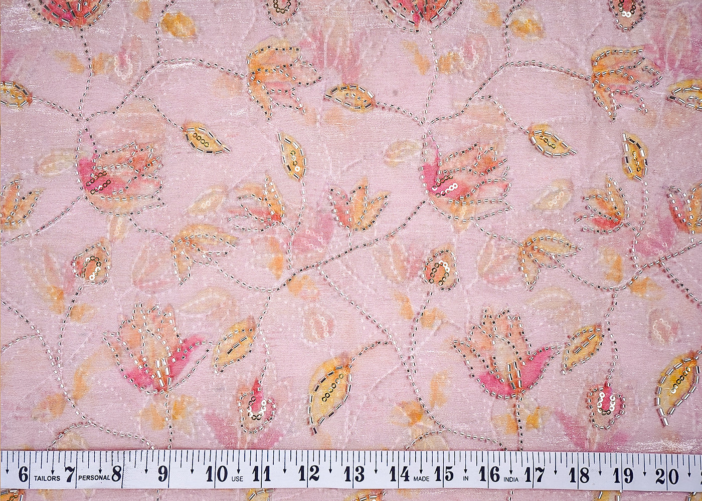 Peach Organza Satin Fabric with All Over Print and Katdana Sequins Work 15792