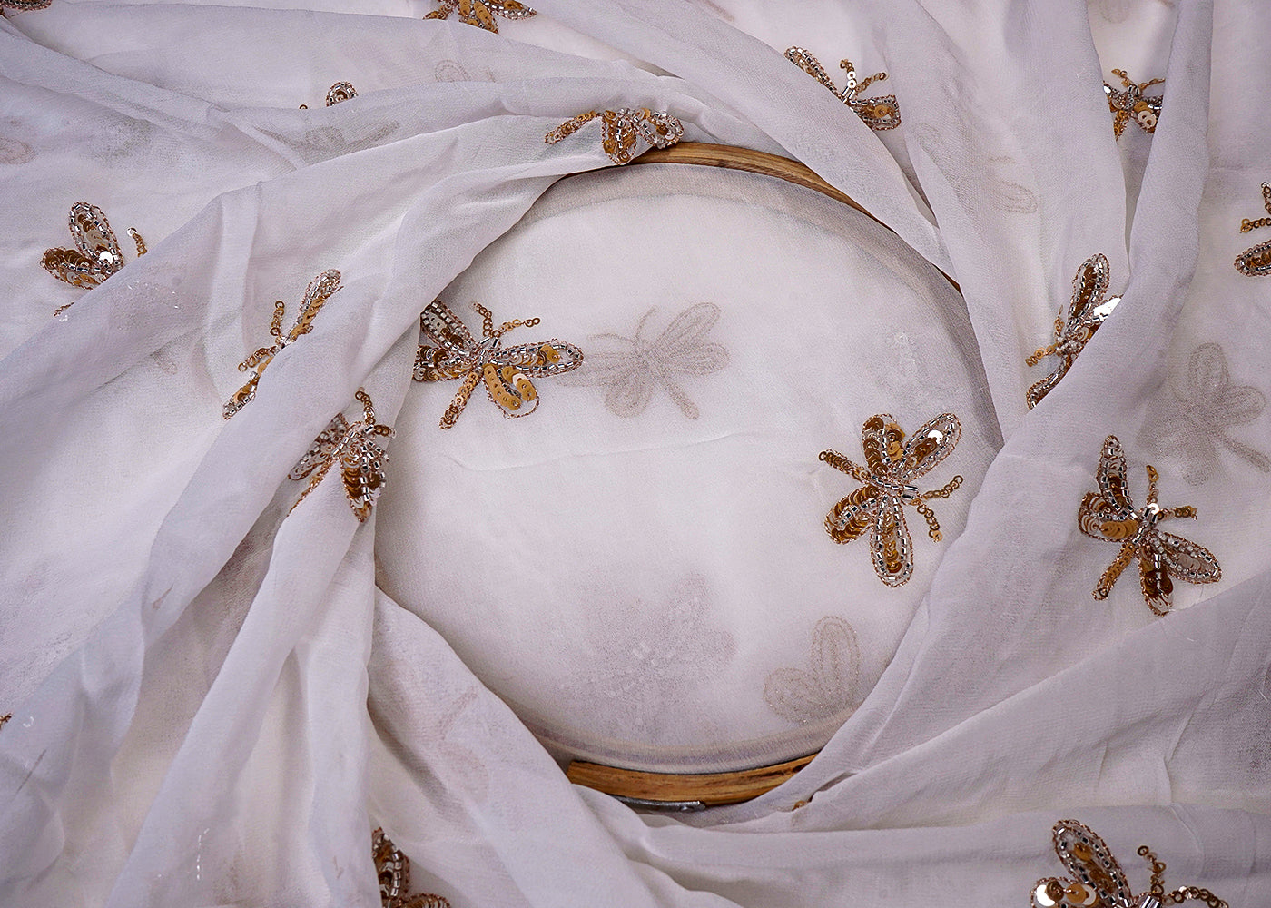 White Georgette Fabric with All Over Zari, Bead, and Sequins Work 15794