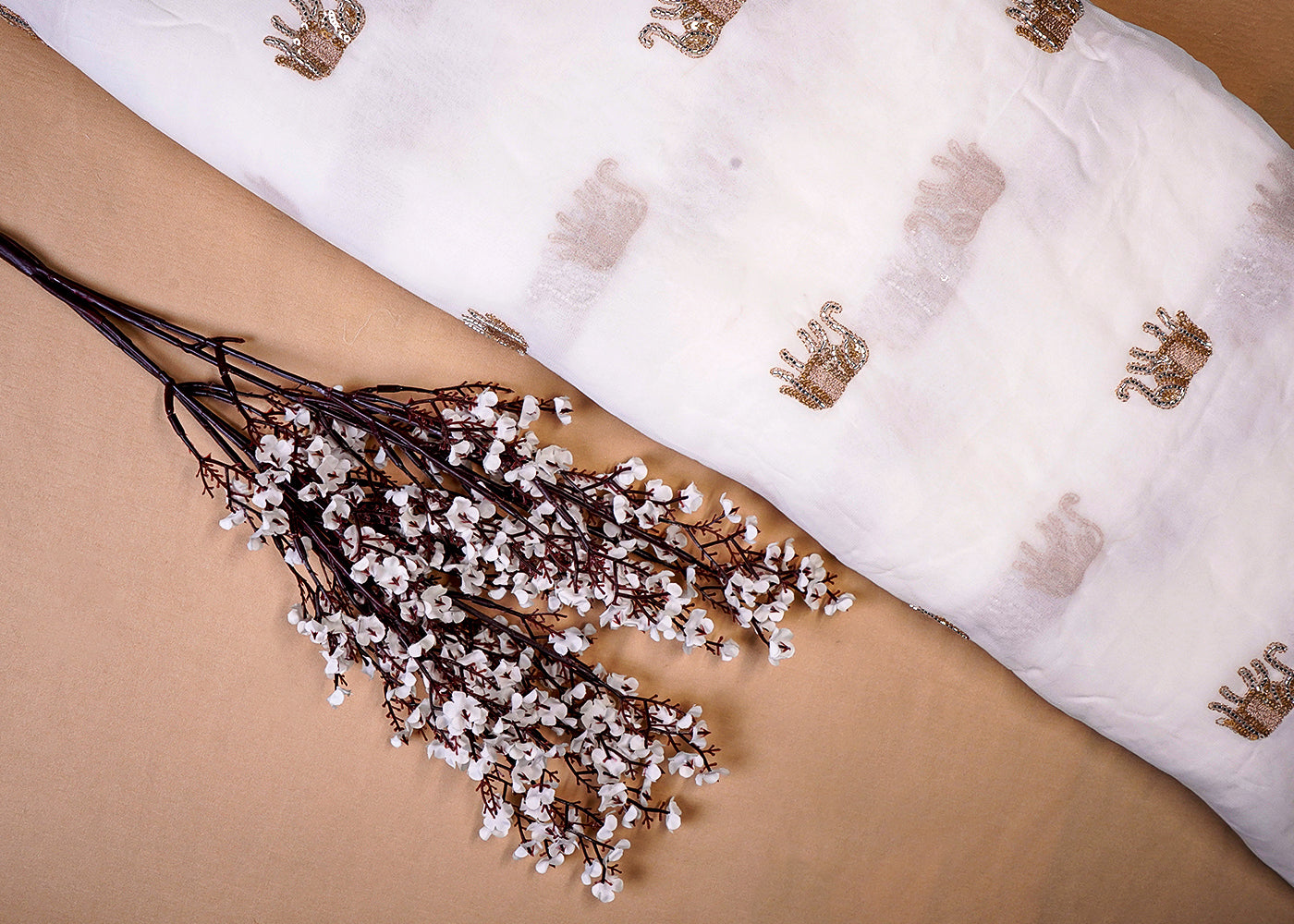 White Georgette Fabric with All Over Zari, Bead, and Sequins Work 15796