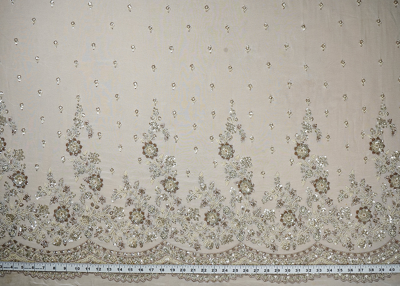 Dyeable Georgette white Fabric with All-Over Zari, Sequins, and Bead Work with One-Side Heavy Border 15842