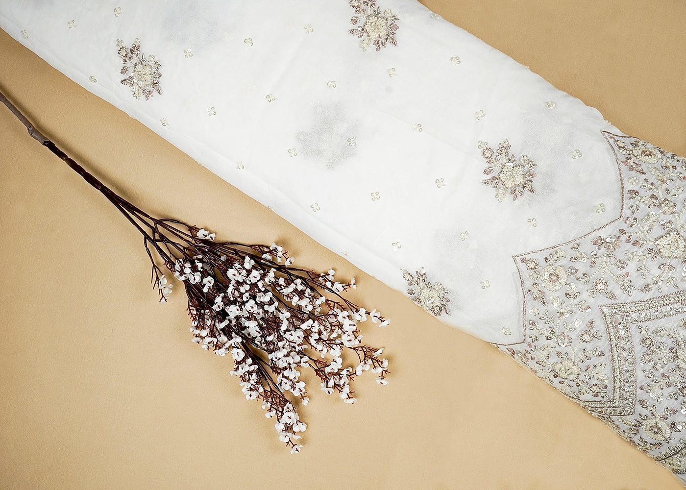 Dyeable Georgette White Fabric with All-Over Zari, Sequins, and Bead Work with One-Side Heavy Border 15843