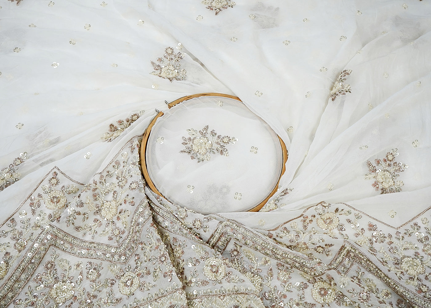 Dyeable Georgette White Fabric with All-Over Zari, Sequins, and Bead Work with One-Side Heavy Border 15843