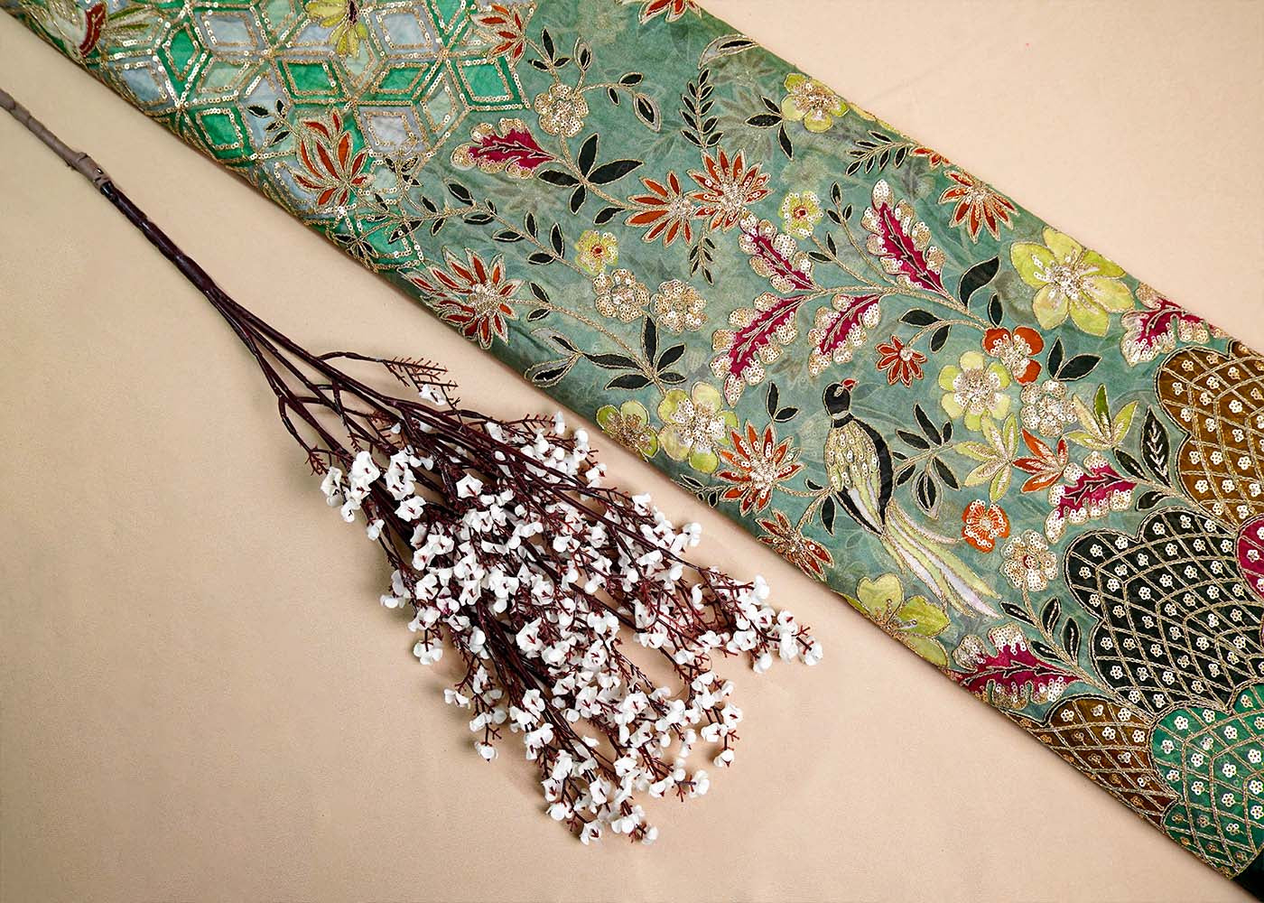 Green Organza Fabric with All Over Zari and Sequins Work with Traditional Print and One Side Heavy Border 15855