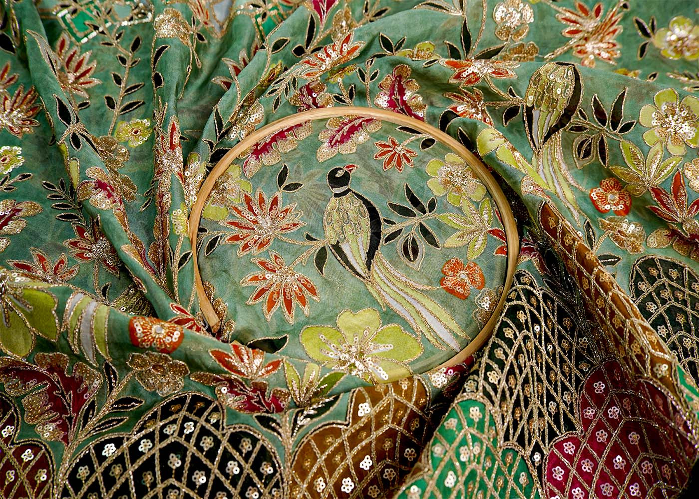 Green Organza Fabric with All Over Zari and Sequins Work with Traditional Print and One Side Heavy Border 15855