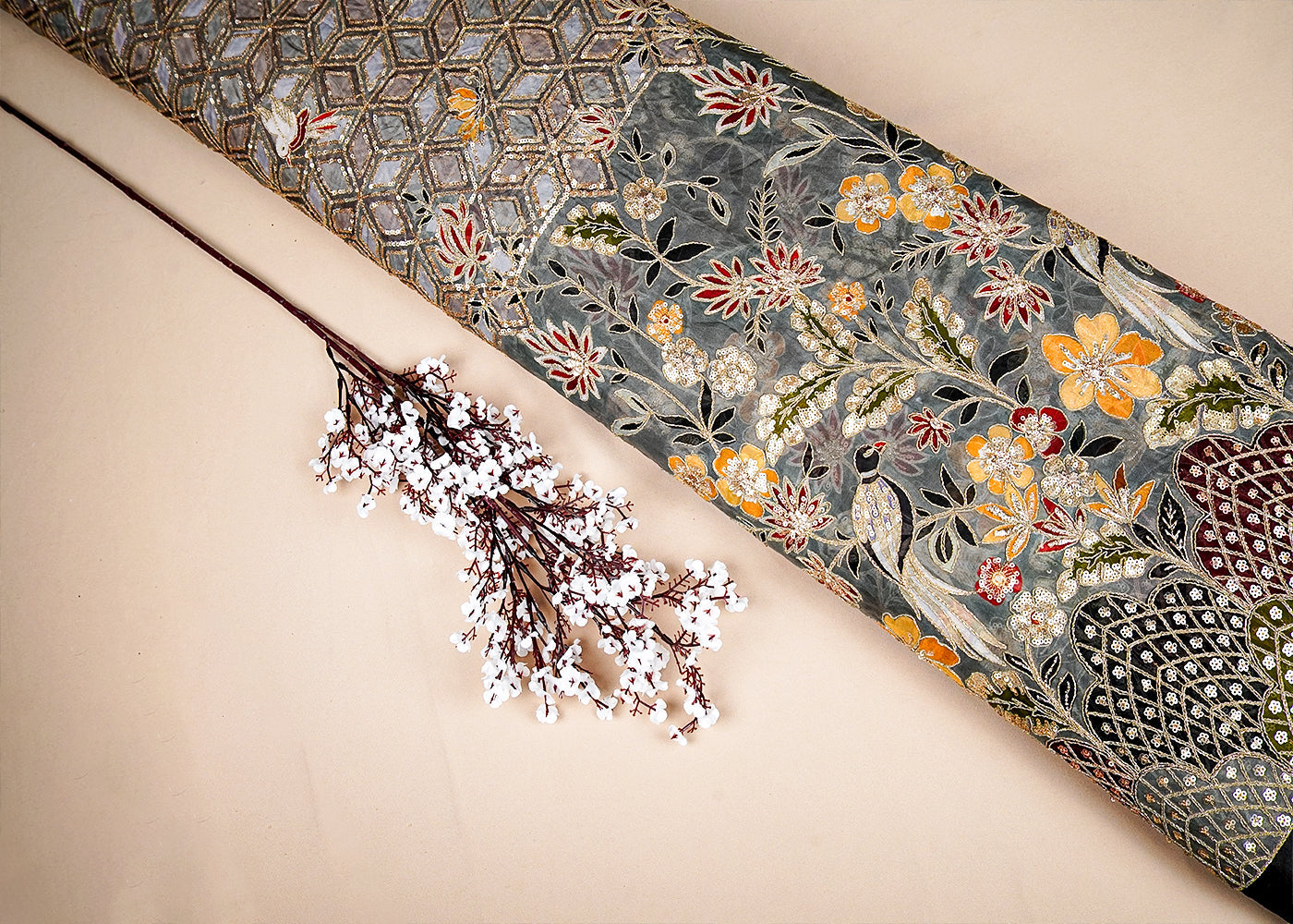 Grey Organza Fabric with All Over Zari and Sequins Work with Traditional Print and One Side Heavy Border 15856