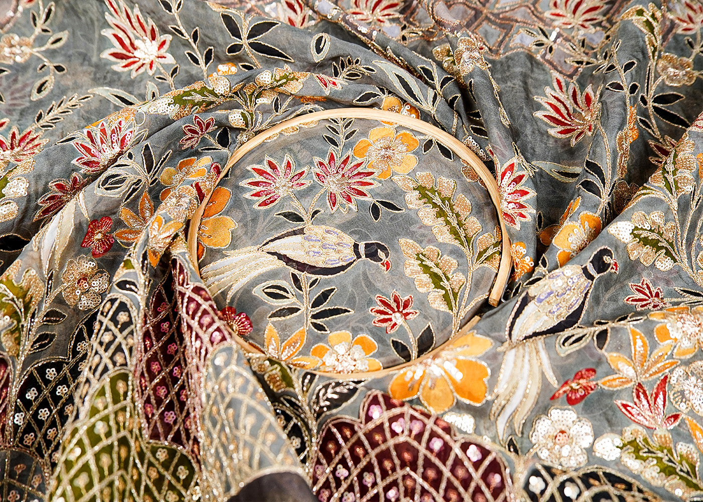 Grey Organza Fabric with All Over Zari and Sequins Work with Traditional Print and One Side Heavy Border 15856