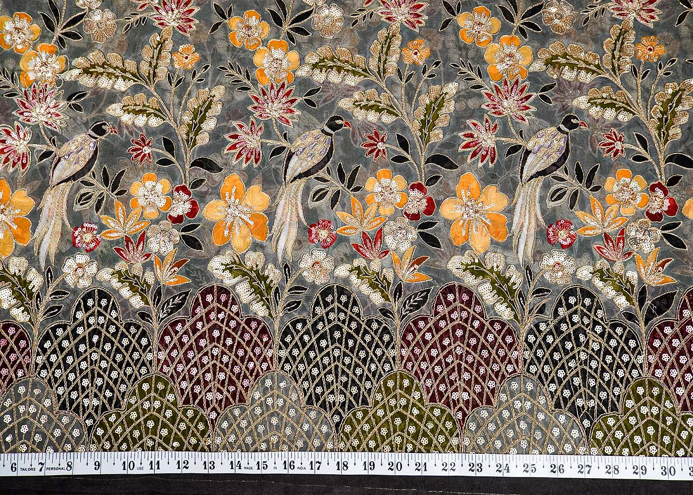 Grey Organza Fabric with All Over Zari and Sequins Work with Traditional Print and One Side Heavy Border 15856