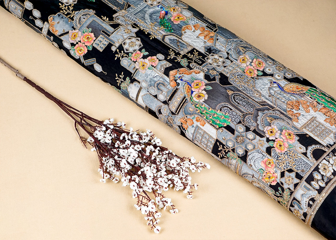 Black Crepe Fabric With Allover Zari, Sequins And One-Side Heavy Border 15858