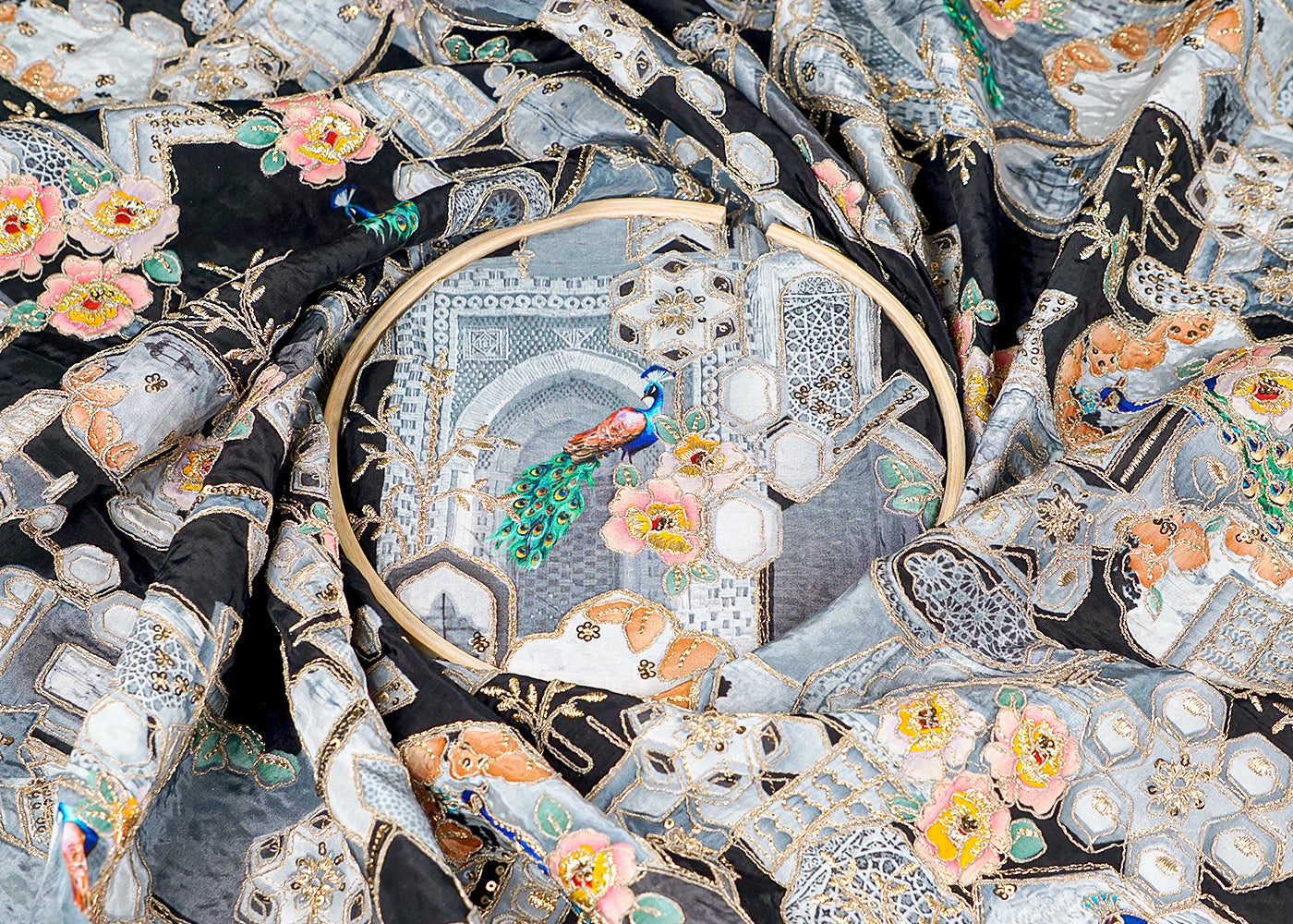 Black Crepe Fabric With Allover Zari, Sequins And One-Side Heavy Border 15858