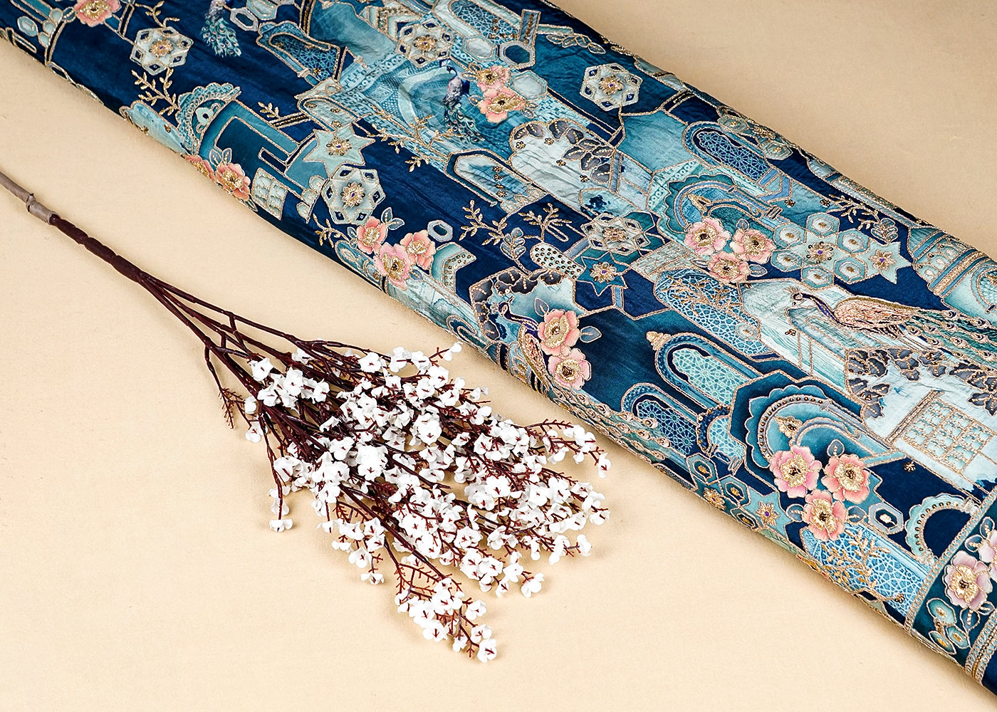 Teal Blue Crepe Fabric With Allover Zari, Sequins And One-Side Heavy Border 15859