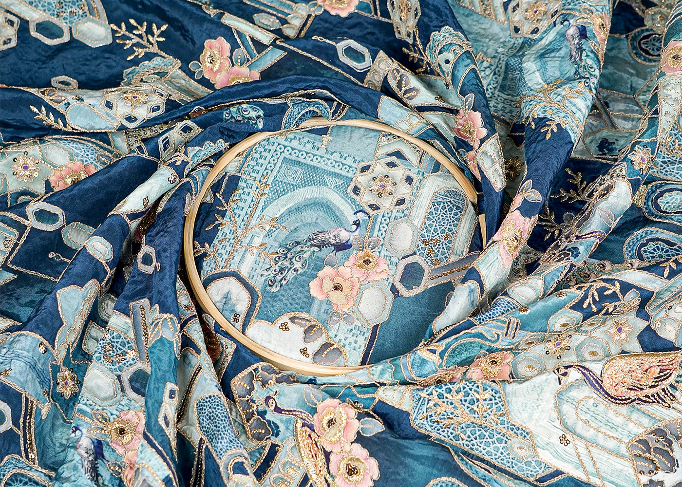Teal Blue Crepe Fabric With Allover Zari, Sequins And One-Side Heavy Border 15859