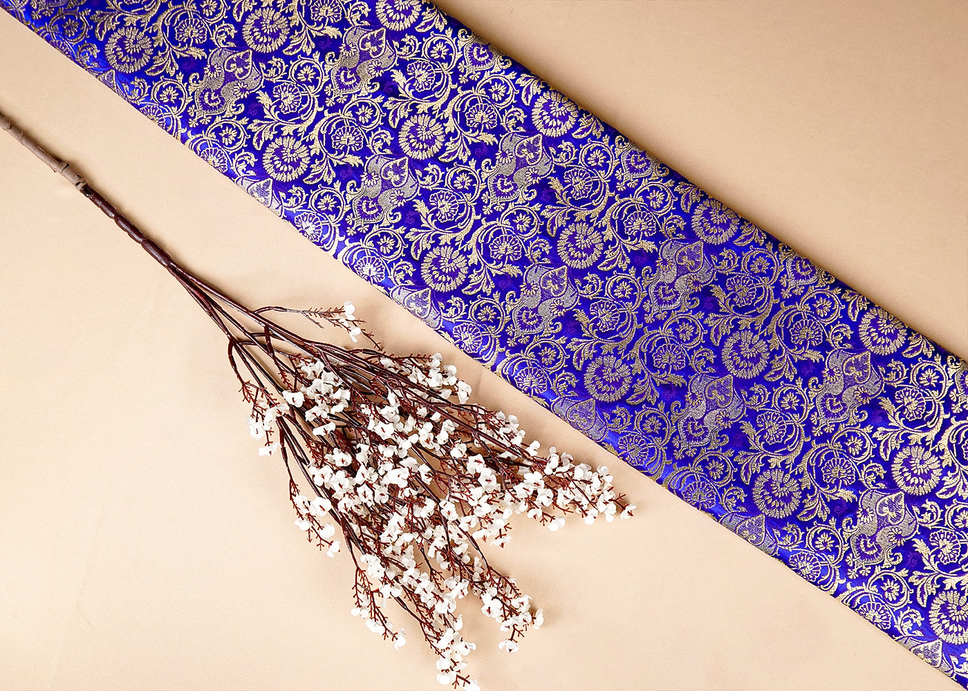 Royal Blue Banarasi Brocade Fabric With Allover Golden Zari Handloom 15870