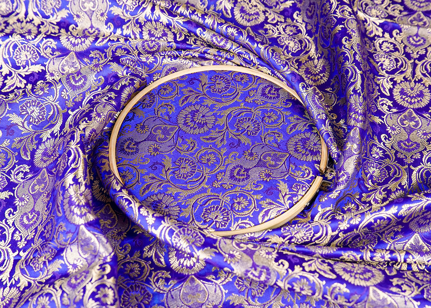 Royal Blue Banarasi Brocade Fabric With Allover Golden Zari Handloom 15870