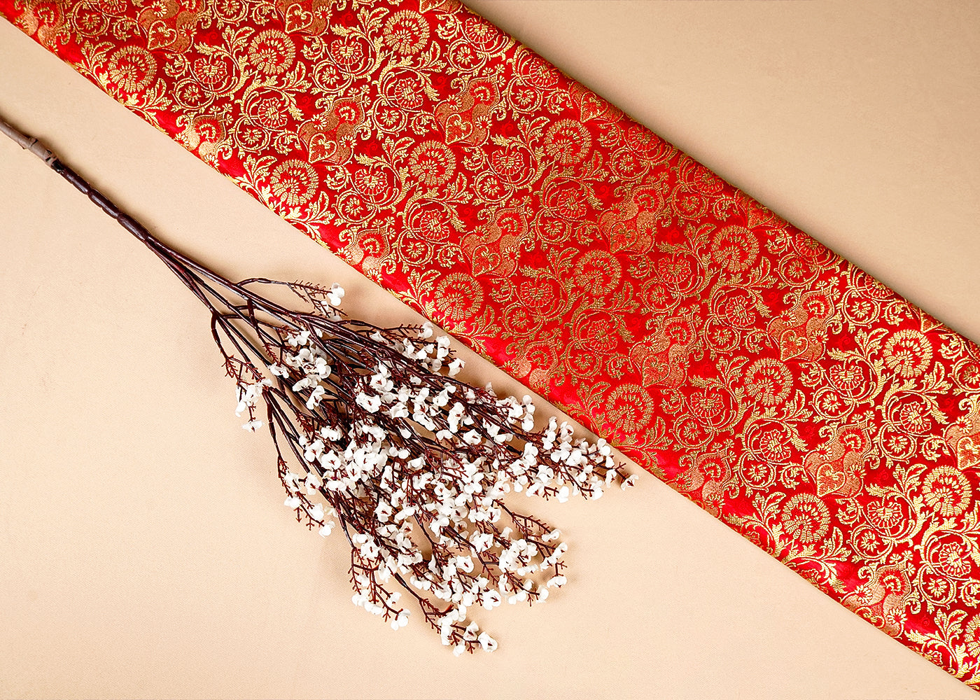 Red Banarasi Brocade Fabric With Allover Golden Zari Handloom 15871