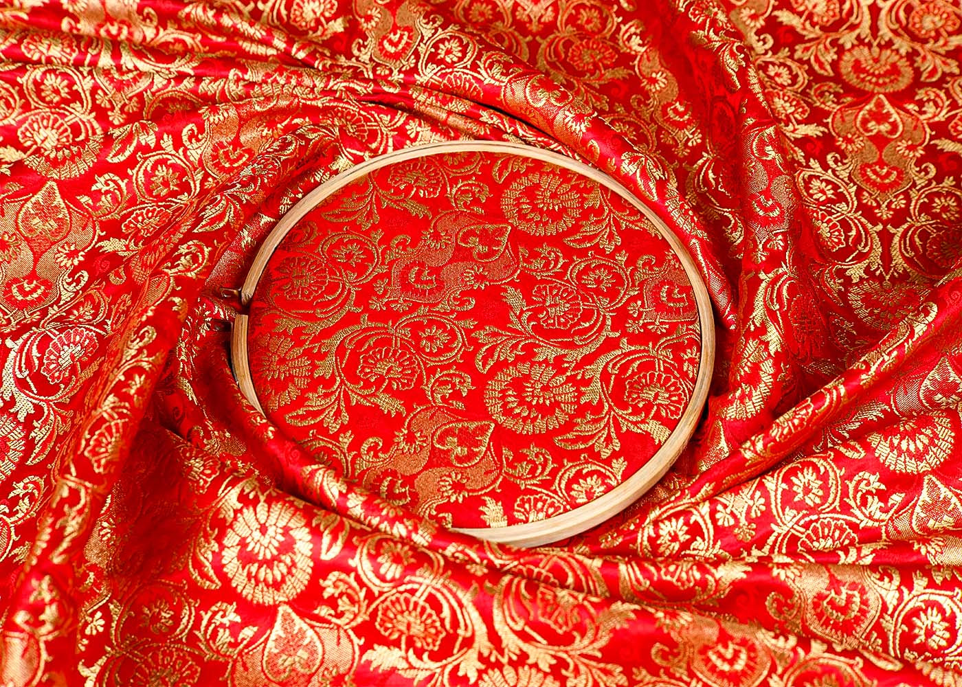 Red Banarasi Brocade Fabric With Allover Golden Zari Handloom 15871