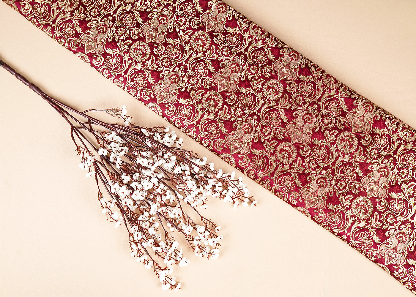 Burgandy Banarasi Brocade Fabric With Allover Golden Zari Handloom 15872