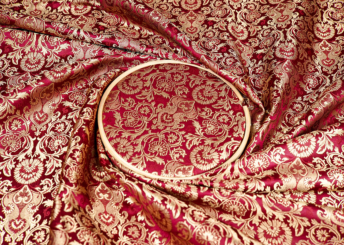 Burgandy Banarasi Brocade Fabric With Allover Golden Zari Handloom 15872