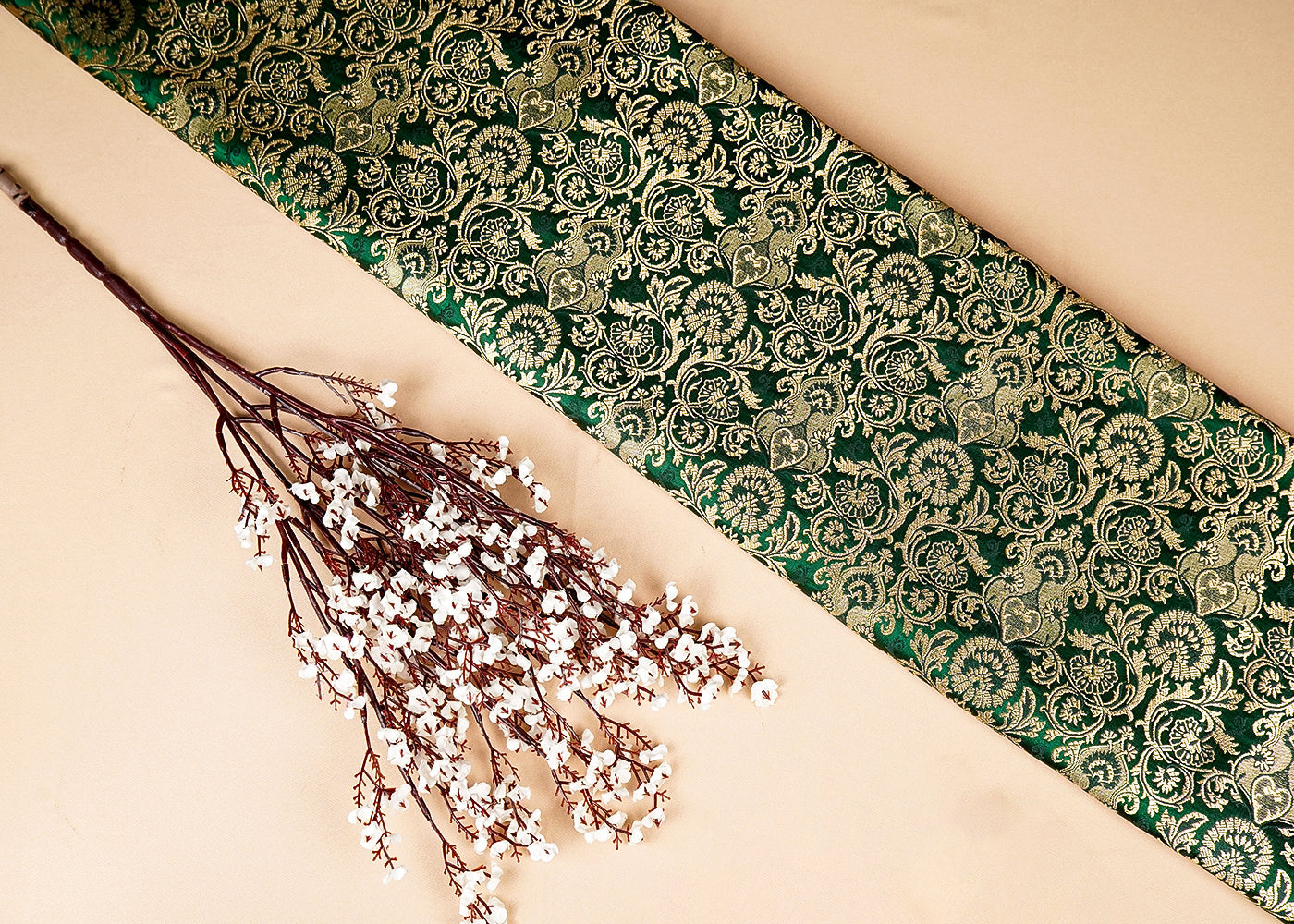 Bottle Green Banarasi Brocade Fabric With Allover Golden Zari Handloom 15873