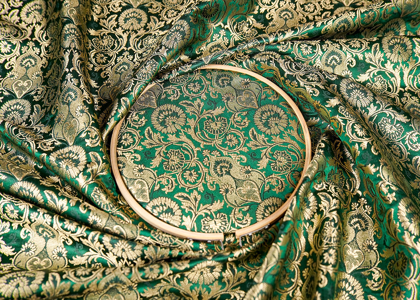 Bottle Green Banarasi Brocade Fabric With Allover Golden Zari Handloom 15873