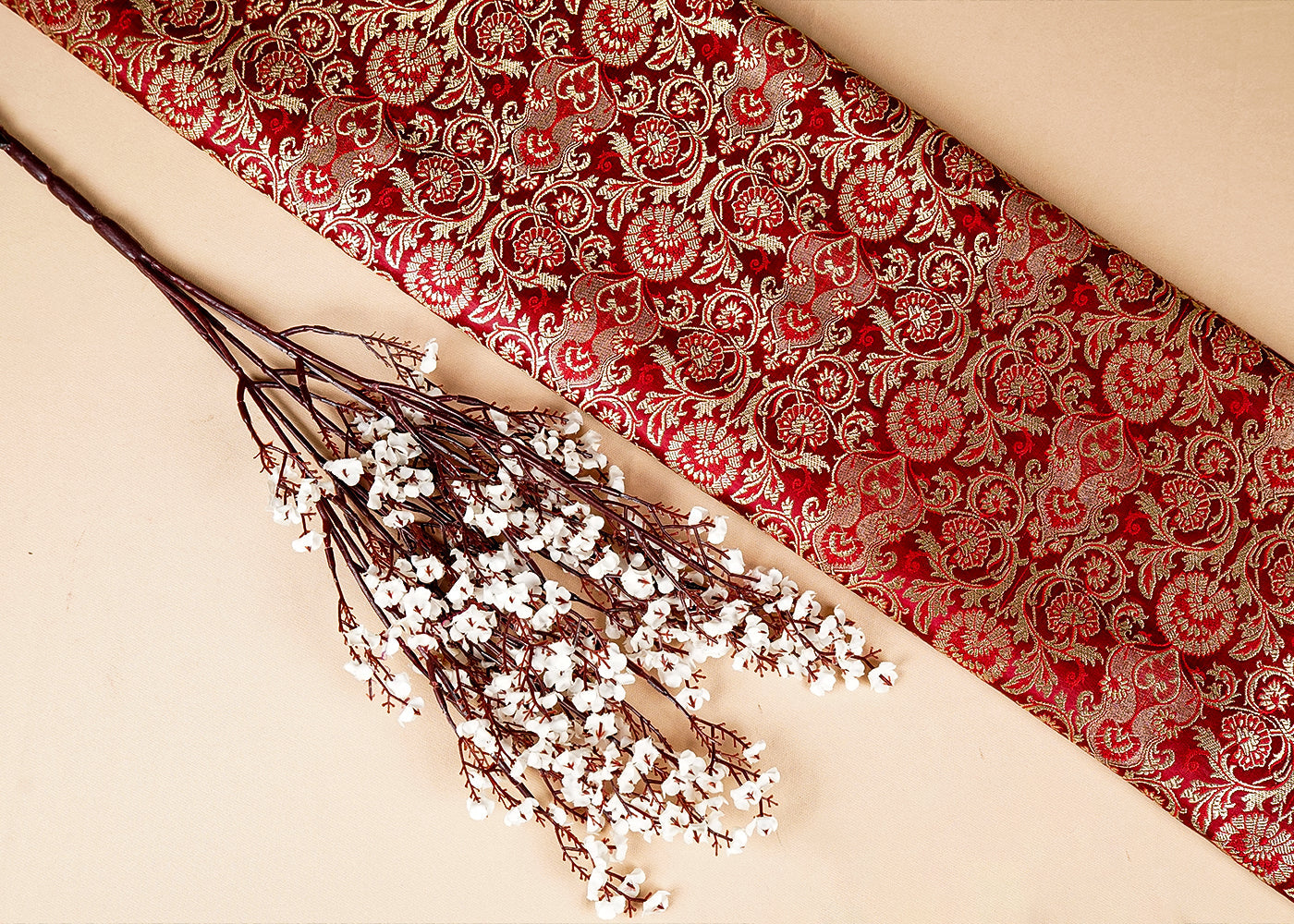 Maroon Banarasi Brocade Fabric With Allover Golden Zari Handloom 15874