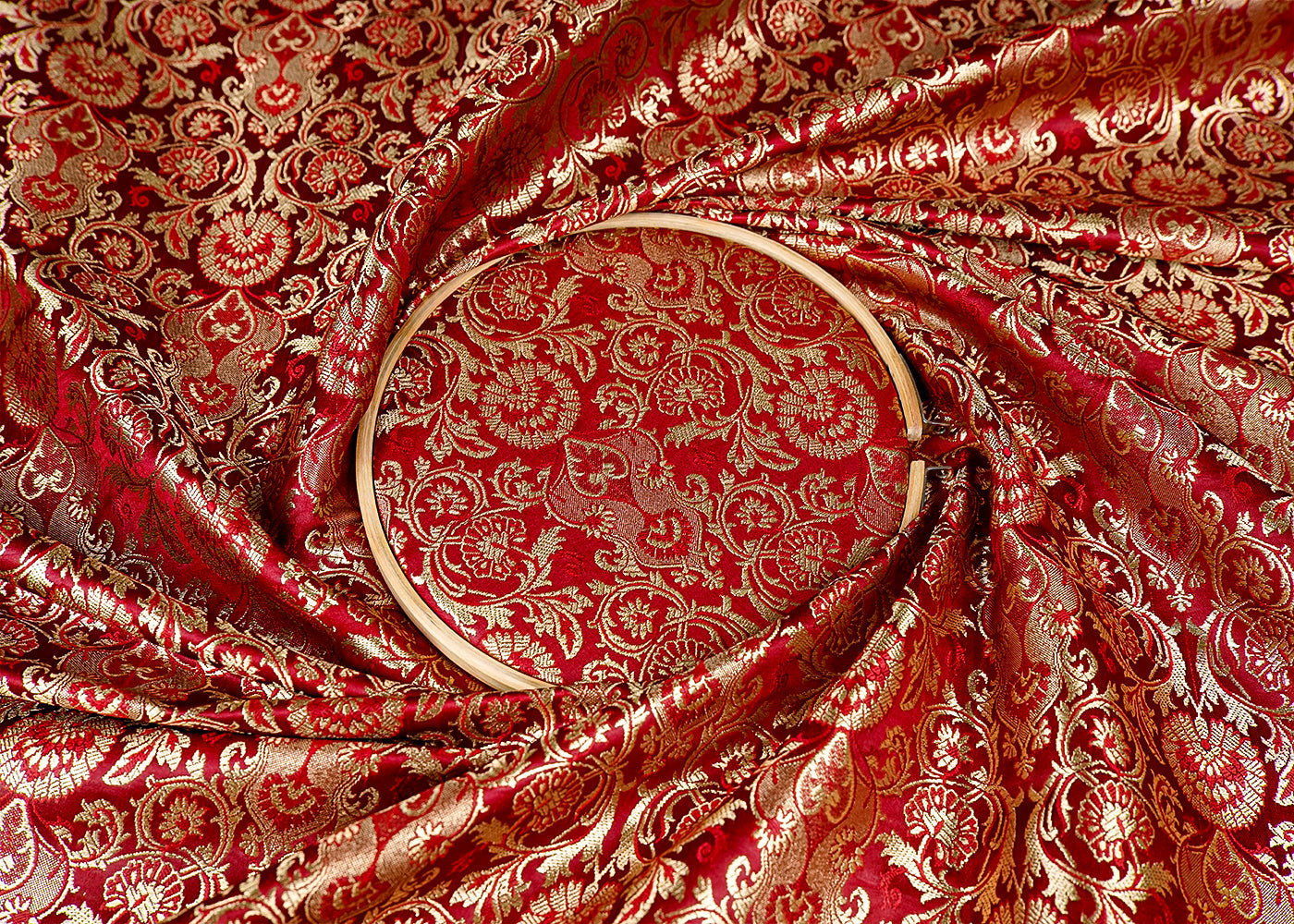 Maroon Banarasi Brocade Fabric With Allover Golden Zari Handloom 15874