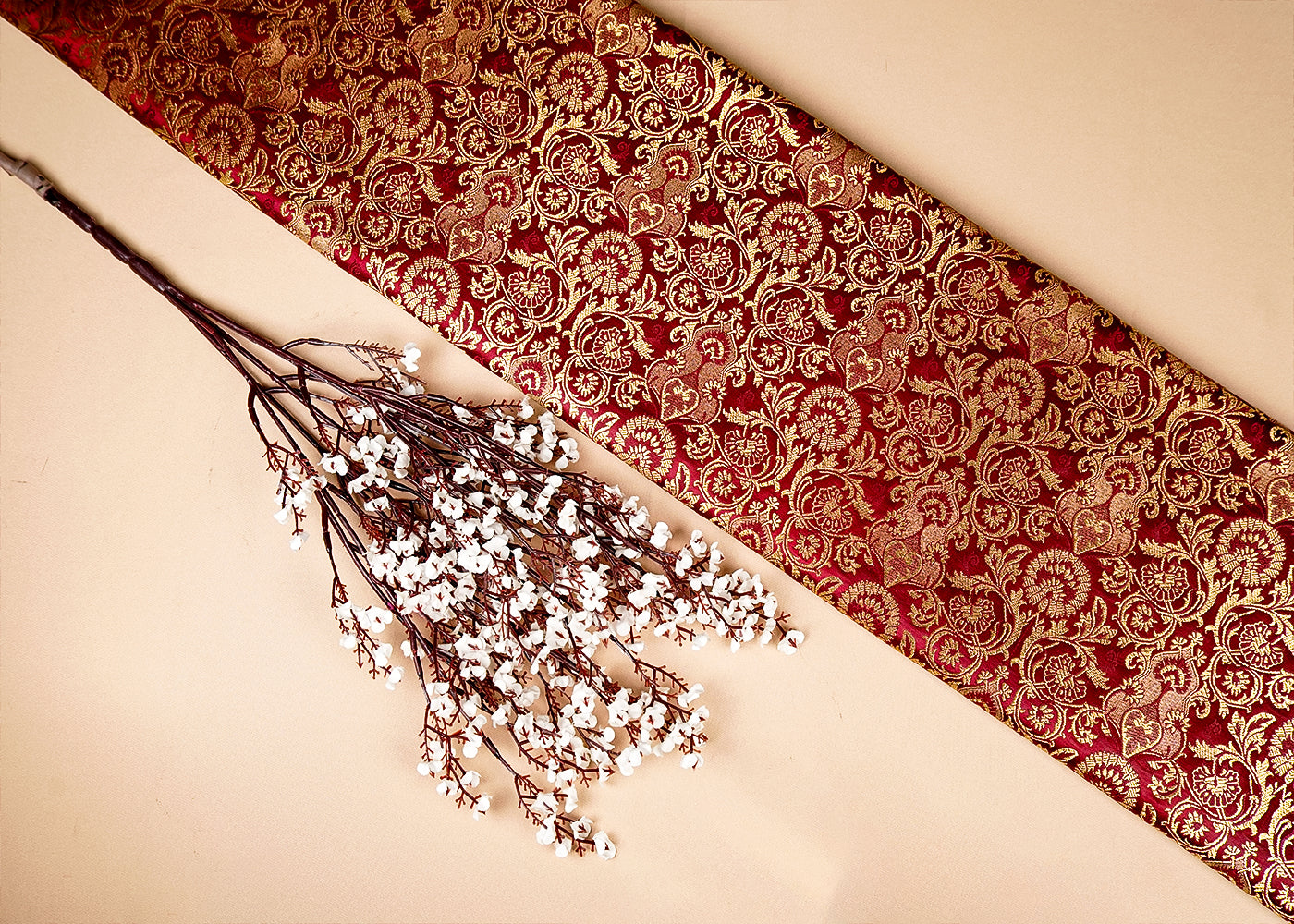 Wine Banarasi Brocade Fabric With Allover Golden Zari Handloom 15875