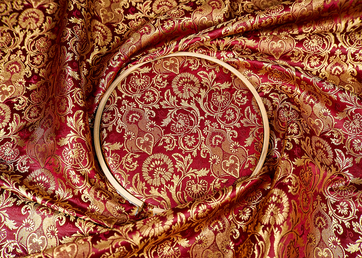 Wine Banarasi Brocade Fabric With Allover Golden Zari Handloom 15875