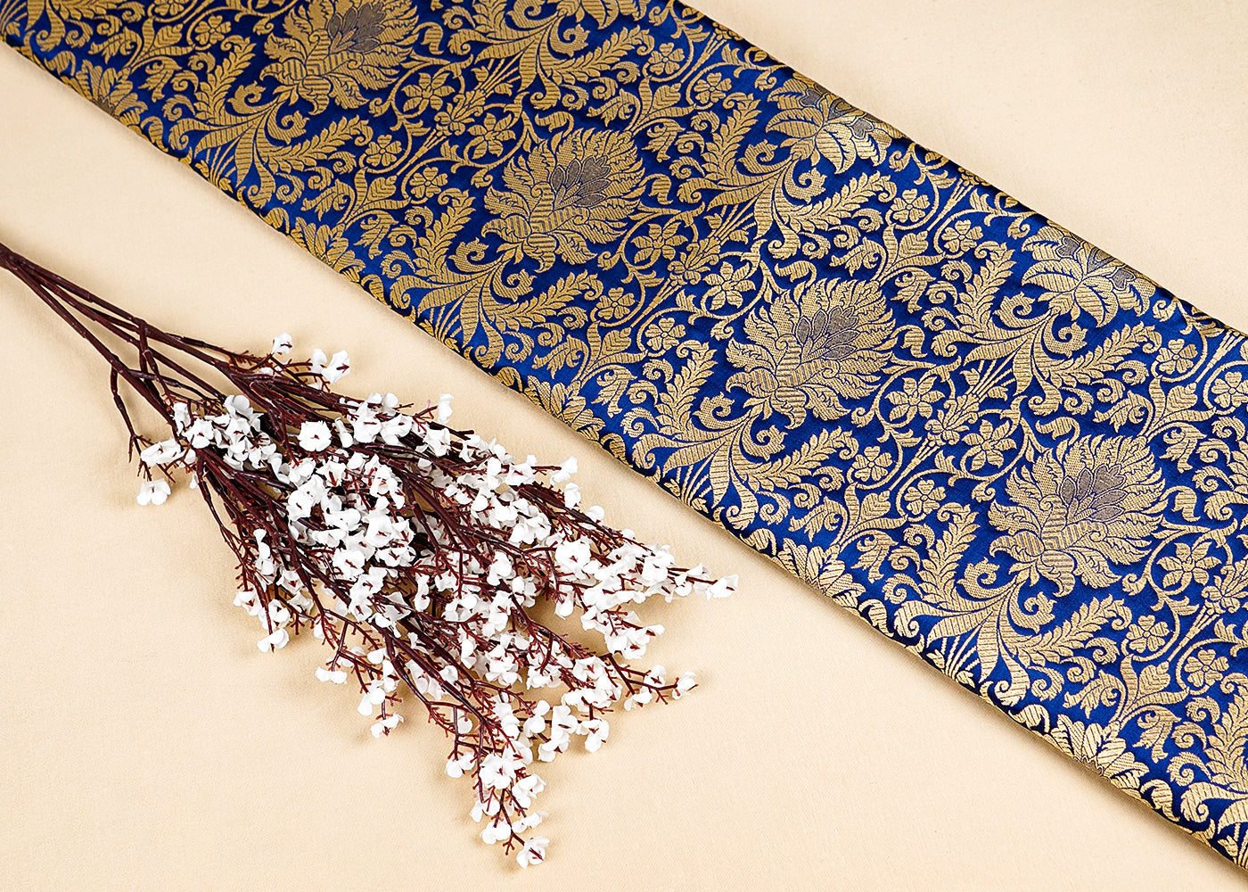 Navy Blue Banarasi Brocade Fabric with Allover Golden Zari Handloom 15879