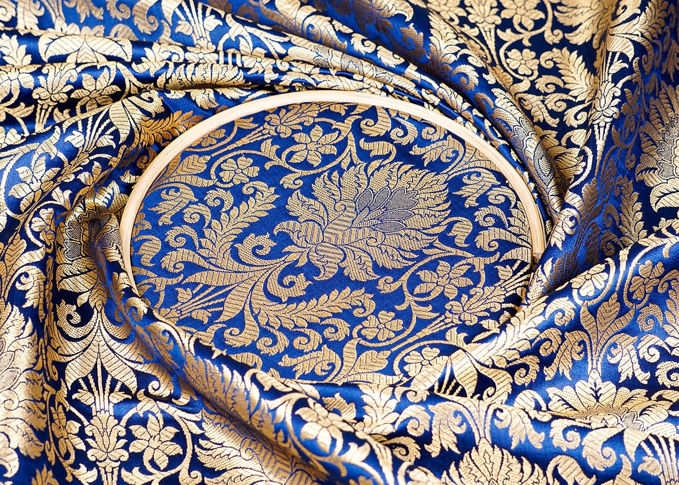 Navy Blue Banarasi Brocade Fabric with Allover Golden Zari Handloom 15879