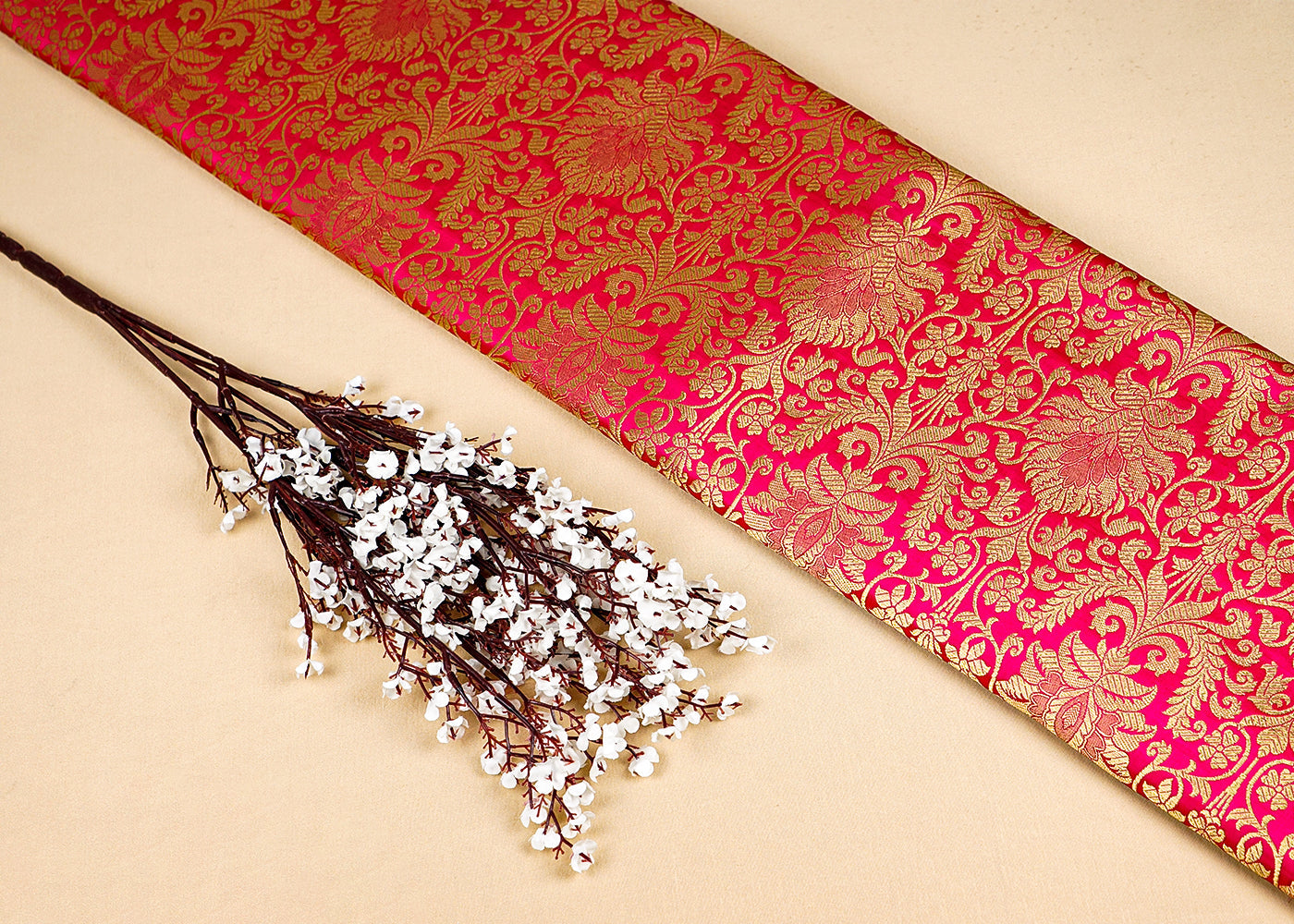 Magenta Banarasi Brocade Fabric with Allover Golden Zari Handloom 15880