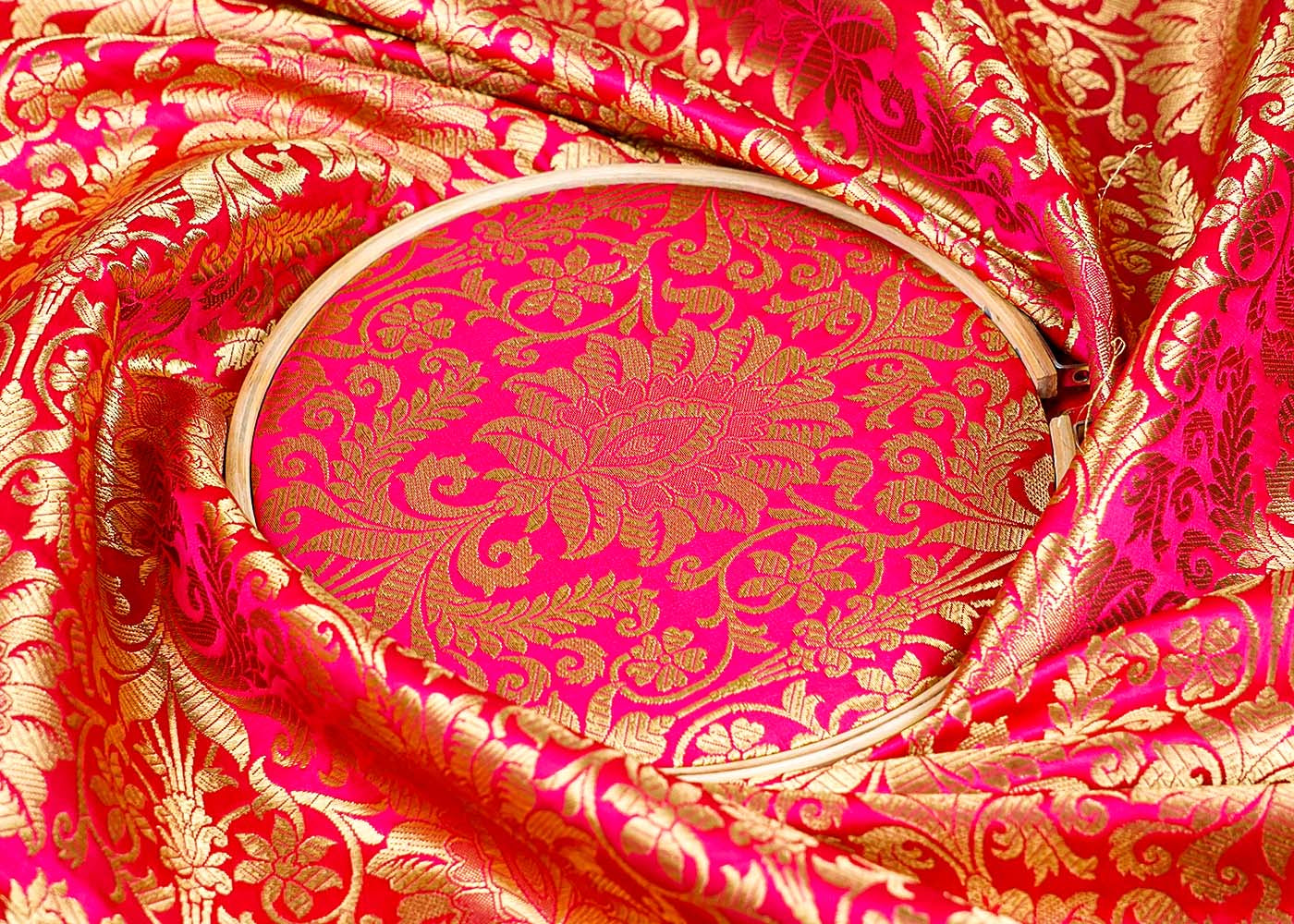 Magenta Banarasi Brocade Fabric with Allover Golden Zari Handloom 15880