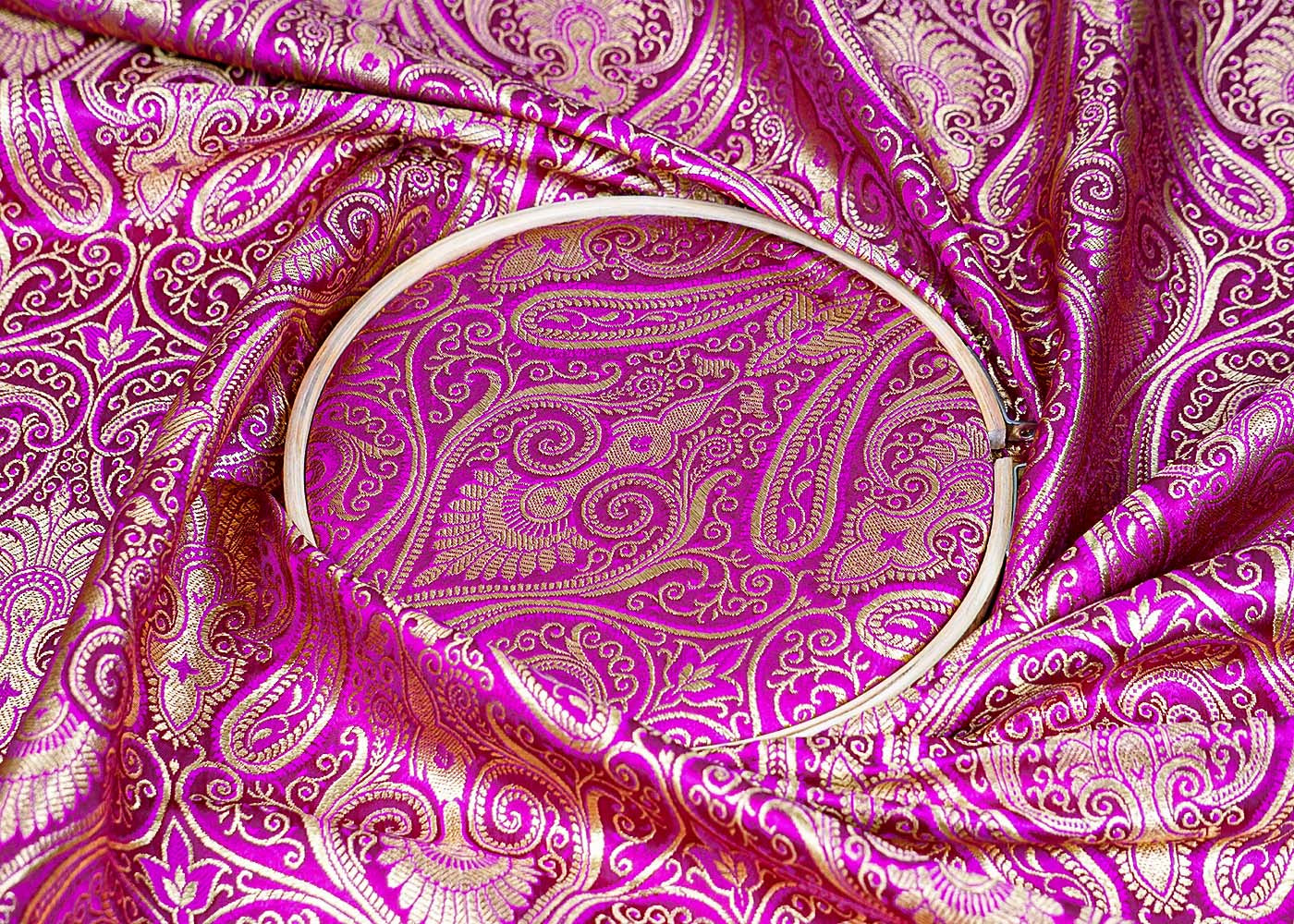 Purple Banarasi Brocade Fabric with Allover Golden Zari Handloom 15881